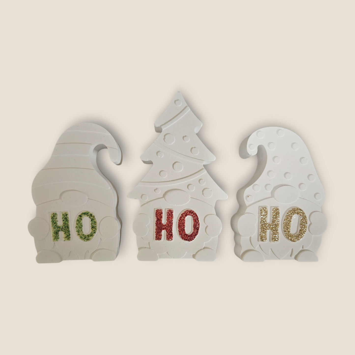 🎄 Trio de petits gnomes en plâtre - Décoration de Noël Artisanale "HO HO HO"