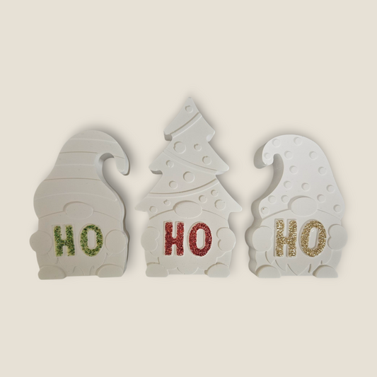 🎄 Trio de petits gnomes en plâtre - Décoration de Noël Artisanale "HO HO HO"